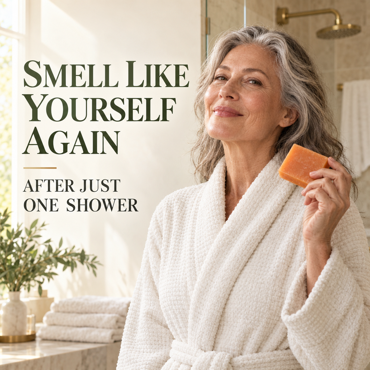 Woman over 50 holding NORUMI Persimmon Freshness Bar